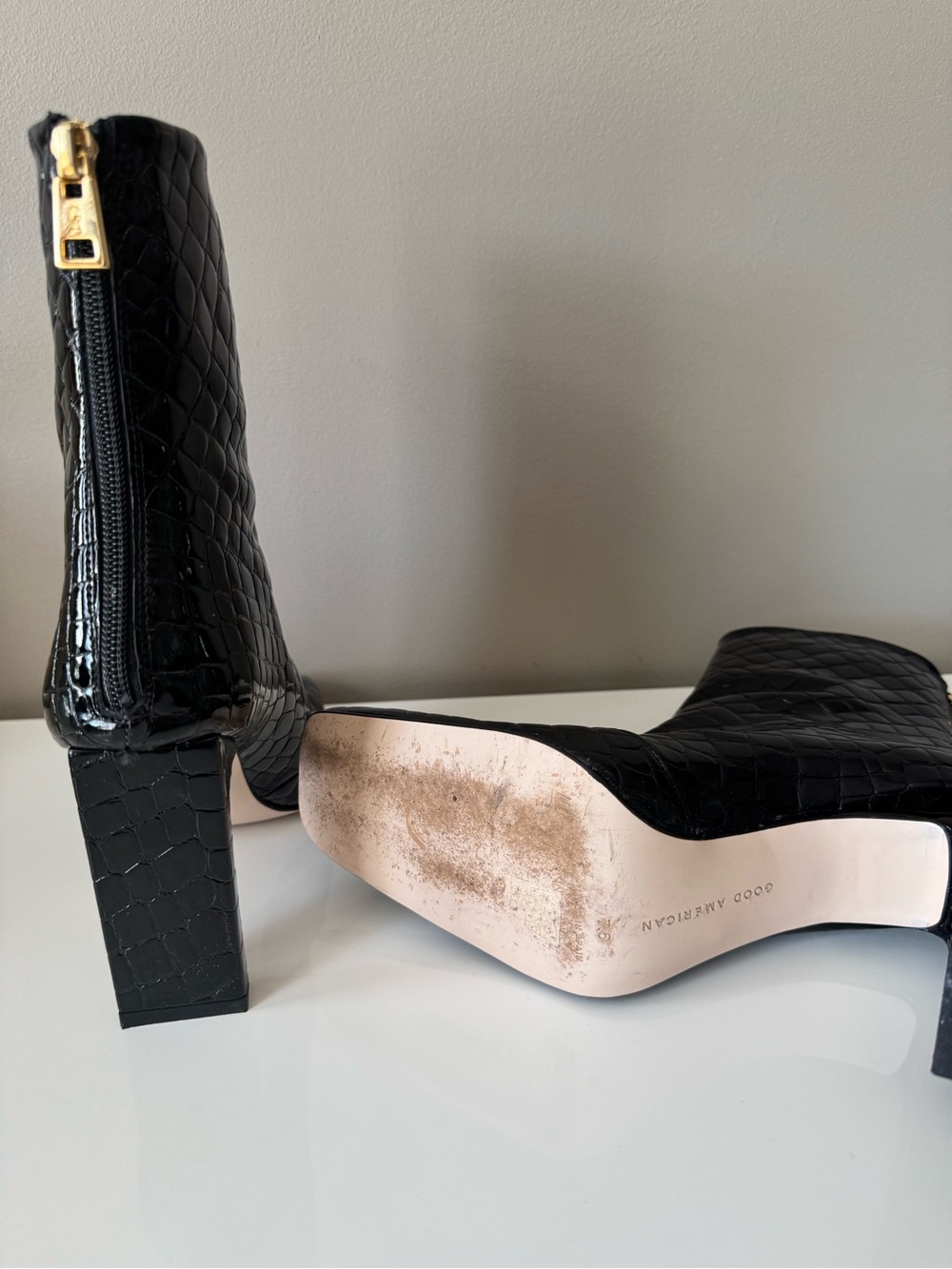 Good American Black Croc-Embossed Square-Toe Block Heel Ankle Boots, 7.5 - Picture 4 of 4